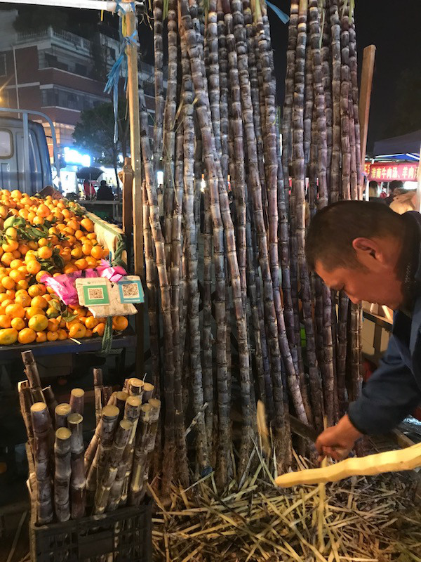 中国の夜市でサトウキビを売る人